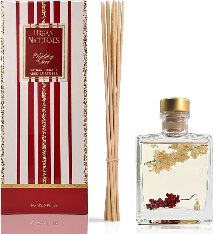 Urban Naturals Holiday Cheer Reed Diffuser Set – Cranberry, Cinnamon, Evergreen, Cedar & Smokey Wood – Made with Essential Oils – Sleek Rectangular Refillable Glass Bottle – Made in the USA UrbanNaturals