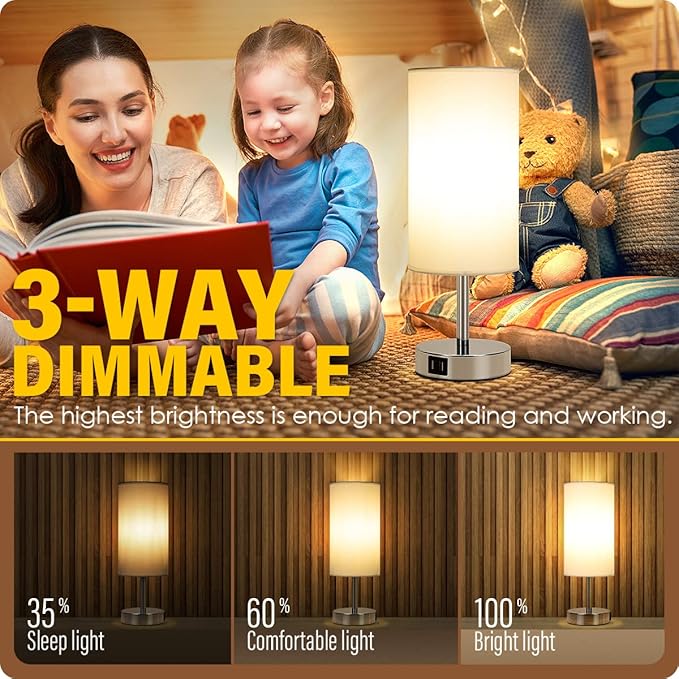 Yarra-Decor Bedside Lamp with USB Port - Touch Control Table Lamp for Bedroom 3 Way Dimmable Nightstand Lamp with Round White Fabric Shade for Living Room, Dorm, Home Office (LED Bulb Included) - Bloomnest