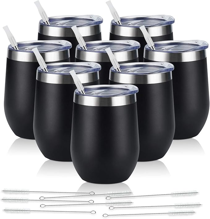 8 Pack 12Oz Stainless Steel Wine Tumblers, Insulated Wine Tumbler, Double Wall Insulated Wine Glass, Stainless Steel Stemless Wine Cups with Lids for Coffee, Wine, Cocktails, Champaign, Black - Bloomnest