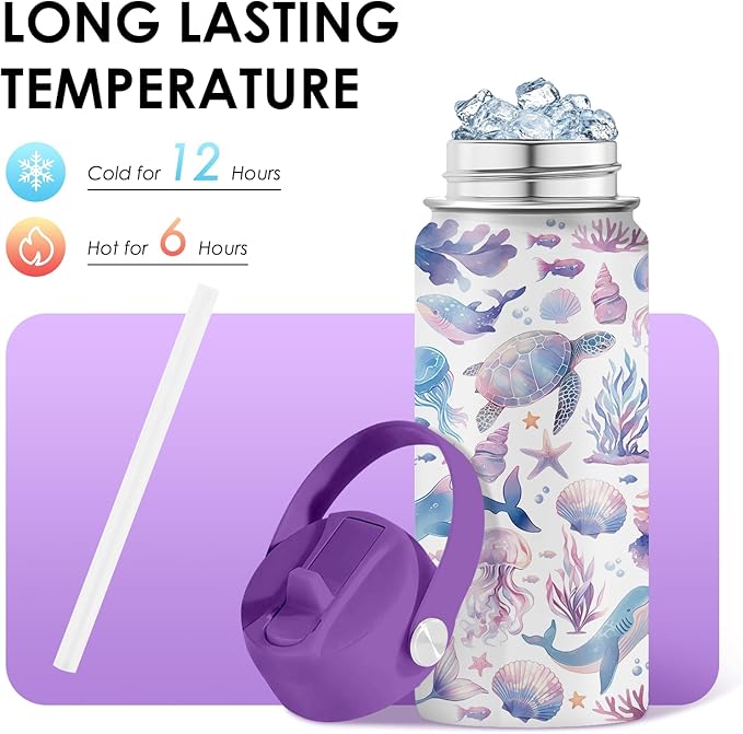 Ocean Gifts for Kids - 16 Oz Purple Water Bottle with Straw Lid, Stainless Steel Insulated Tumbler, Leak Proof, BPA-Free, for Girls & Boys, School, Beach - Marine Life Lovers Birthday Gifts (1pc) - Bloomnest