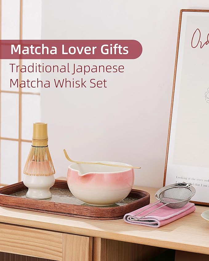 ZENS Pink Matcha Set, 6pcs Matcha Kit Includes Ceramic Bowl, Handcrafted Bamboo Whisk and Chasen Holder, Scoop, 304 Sifter & Tea Mat, Matcha Whisk Set Gift for Matcha Lovers - Bloomnest
