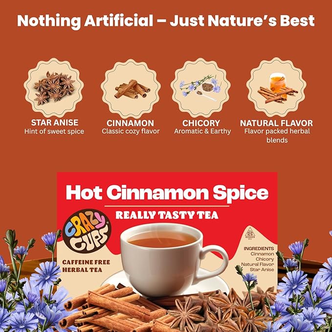 Crazy Cups Hot Cinnamon Spice Herbal Tea Pods, 22 Count | Caffeine Free, Kosher Certified, Warming Cinnamon & Star Anise Blend, K Cup Compatible Pods, Bold Spiced Flavor, Gluten Free, Vegan - Bloomnest