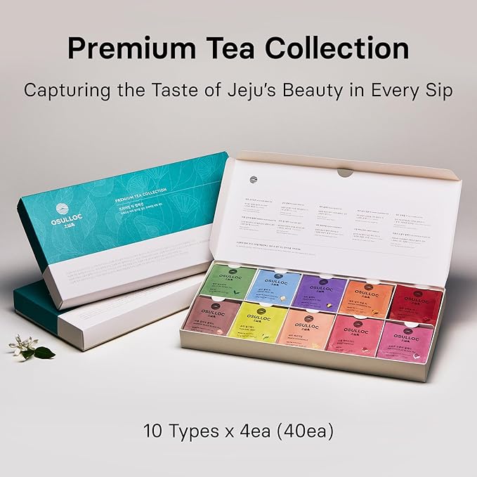 OSULLOC Premium Tea Collection (40 count, 10 flavors x 4 ea), Assorted Tea bag Sampler, Tea Gift sets for Tea lover, Self Care Gift Box, Premium Organic Pure & Blended Tea from Jeju - Bloomnest