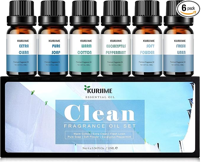 Essential Oils Set, Clean Scents Fragrance Oil Essential Oils for Diffuser Aromatherapy - Fresh Linen, Extra Clean, Warm Cotton, Soft Powder, Pure Soap, Eucalyptus Peppermint, 6x10ml - Bloomnest