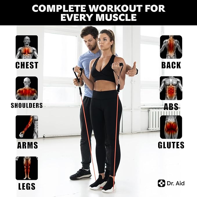 Dr. Aid Resistance Bands Set – 5 Stackable Workout Bands with Handles, Pure Latex, High Elasticity & Tear Resistant – Smell-Free Full-Body Exercise Bands for Rehab, Basic Training & Strength Workouts - Bloomnest