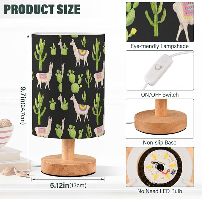 Table Lamp Watercolor Llama Alpaca Cactus Pattern Nightstand Lamp with Wood Base Fabric Lamp Shade Bedside Desk Lamp for Living Room Bedroom Kids Room Office - Bloomnest