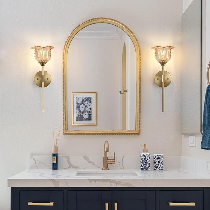 Gold Wall Sconce Set of 2 with Amber Glass Shades, Modern Mid Century Bathroom Vanity, Wall Light Fixtures Industrial, Brushed Brass Wall Lamp, for Bedroom Mirror Living Room Restaurant - Bloomnest