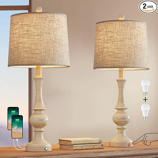 Oneach 24.5 inches 3 - Way Dimmable Touch USB Farmhouse Table Lamps Set of 2 for Living Room Bedroom Rustic Bedside Nightstand Lamp with USB Ports 2 Bulbs Included - Bloomnest