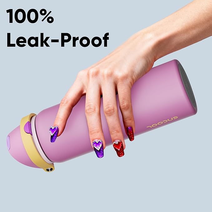 Insulated Water Bottle with Straw - Encool Stainless Steel Water Bottle with Push Button Lid, Leak-Proof & BPA-Free, Keeps Cold for 24 Hours for Sports, Travel, Gym (32 oz, Light Orchid-Fuchsia) ENCOOL
