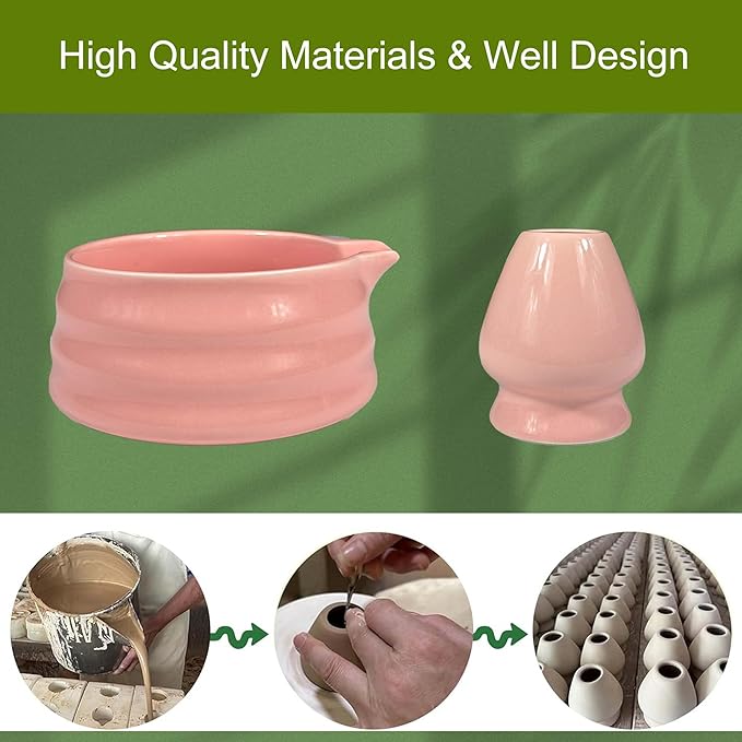 Pink Matcha Tea Set, 6pcs Matcha Whisk Set Pink, Matcha Ceremony Accessory, Whisk Holder, Matcha Bowl, Matcha Whisk, Bamboo Scoop, Sifter, Ceramic Matcha Bowl Tea Ceremony Accessory for Making Matcha - Bloomnest