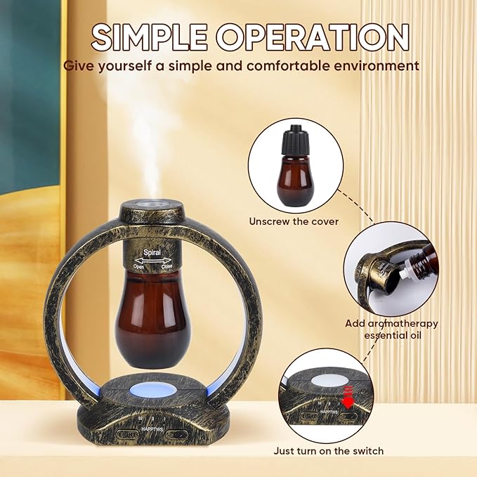 HAPPTWS Essential Oil Diffuser Set- Diffuser 3 Timer Settings Battery Powered Cordless Setup 7 Color LED Lights for Bedroom Yoga Room Toilet Pet Room - Coppery HAPPTWS