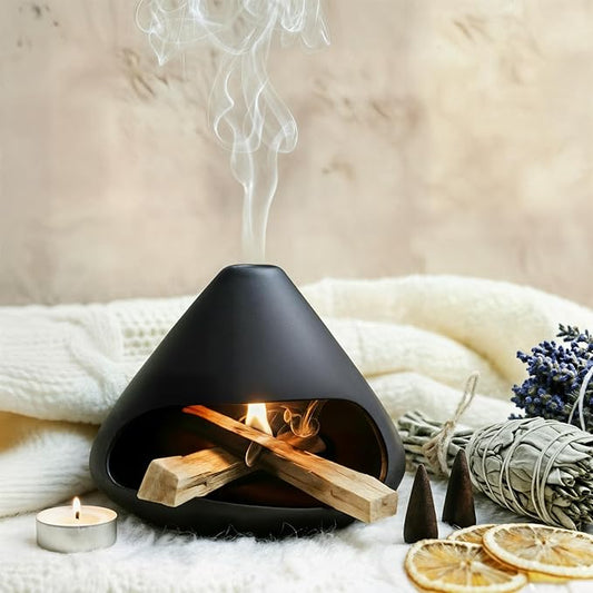 Palo Santo Holder Incense Burner,Sage Sticks Incense Holder,Handcrafted Clay Smudge Bowl with Chimney,Mini Cone Ceramic Fireplace for Cedar,Yoga, Anxiety Relief Meditation for Women KEYZOR