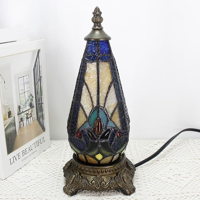 Small Tiffany Lamp Stained Glass Table Lamp 5.5X11 Inch Christmas Tree Lighthouse Mini Accent Memory Sympathy Antique Night Light for Bedroom Living Room (Stained Glass)