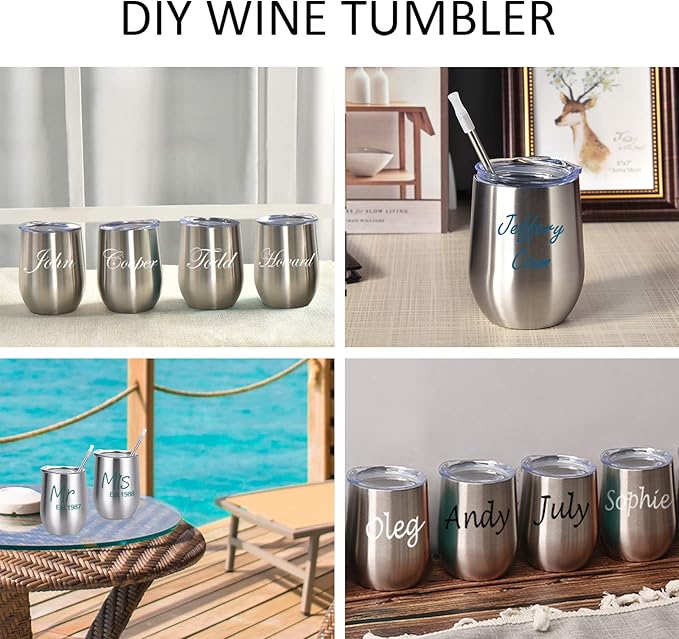 12 Pack Stainless Steel Wine Tumblers, 12Oz Double Wall Vacuum Insulated Wine Tumblers with Lids and Straws, Stainless Steel Stemless Wine Glasses for Coffee, Wine, Cocktails, Champaign, Silver - Bloomnest