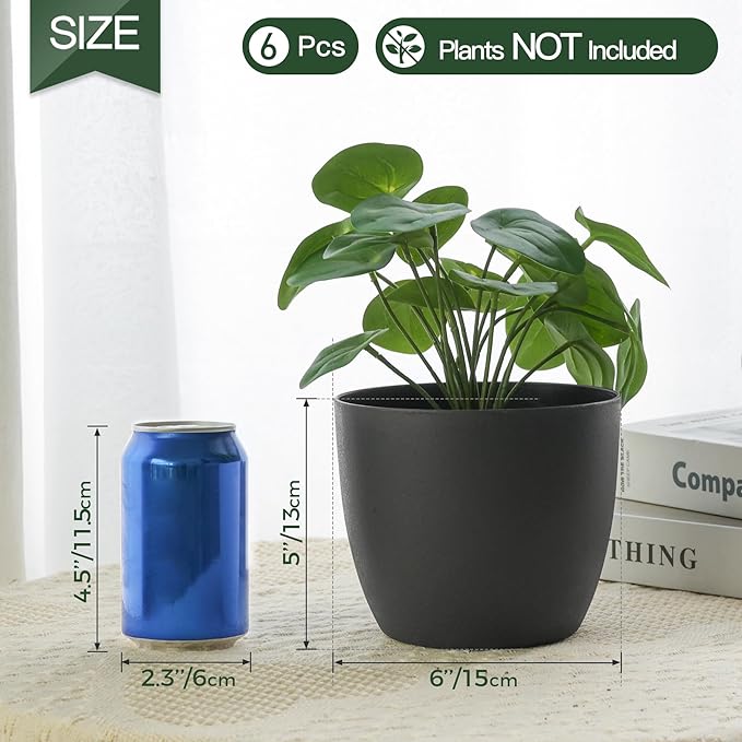 T4U 6 Inch Self Watering Planters Plastic Plant Pot, Modern Decorative Flower Pot/Window Box for All House Plants, Flowers, Herbs, African Violets, Succulents - Black, Set of 6 - Bloomnest