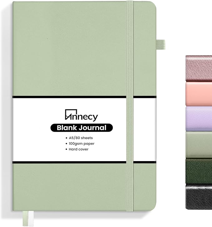 Annecy Blank Journal Notebook, Medium 5.5x 8.25, 160 Pages 100GSM Writing Paper, A5 Grey Green Faux Leather Cover with Pen Loop - Bloomnest