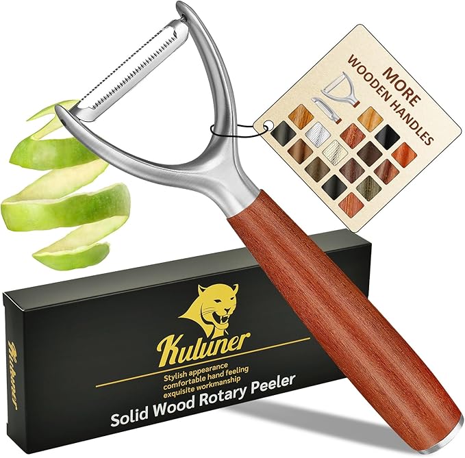 Premium high-end rosewood handle and 304 stainless steel serrated blade - ultra-sharp KULUNER Y-shaped rotary peeler for potatoes, fruits and vegetables, ergonomically designed for easy peeling - Bloomnest