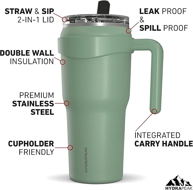 Hydrapeak Roadster 40oz Stainless Steel Tumbler Double Wall Vacuum Insulated Water Bottle With Handle And 2 in 1 Straw Lid (Sage) - Bloomnest