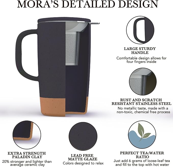Mora Ceramics Large Tea Mug with Loose Leaf Infuser and Ceramic Lid, 18 oz, Portable, Microwave, Dishwasher Safe, Tall Coffee Cup - Rustic Matte Ceramic Glaze, Modern Herbal Tea Strainer, Nightwaves - Bloomnest