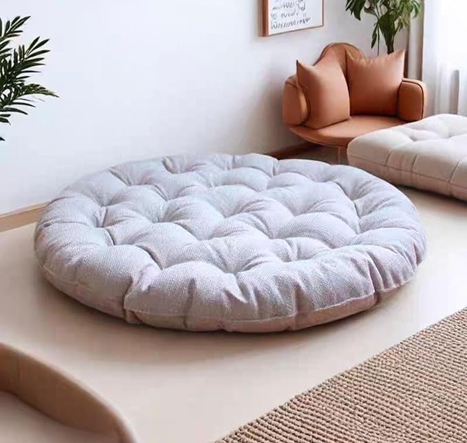 Large Linen Floor Cushions,Round Futon Pillows Japanese Style Tufted Floor Pillows Meditation Cushions for Seating On Pad for Yoga Sofa Balcony(Size:65x65cm(26x26inch),Color:Beige) - Bloomnest