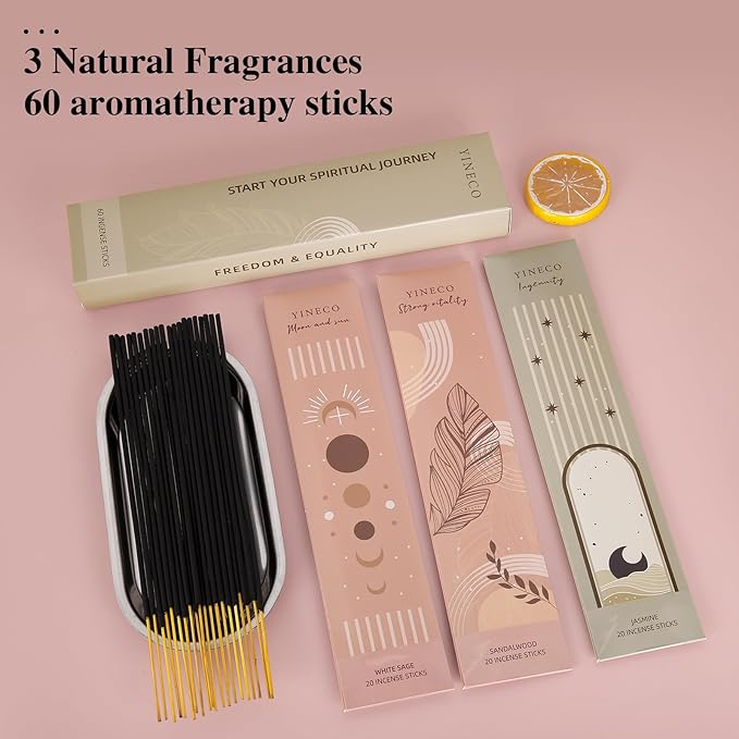 Incense Sticks Set of 60 - Organic Sandalwood, White Sage & Jasmine, Non-Toxic & Slow-Burning for Relaxation, Meditation & Sensory Therapy (Moon and Sun) YINECO