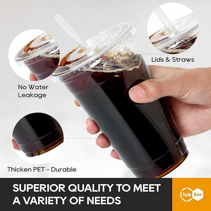 Turbo Bee 200 Sets 24 OZ Clear Plastic Cups with Lids and Straws, Disposable To Go Iced coffee cups with lids for Cold Drinks, Smoothie, and Slushie - Bloomnest