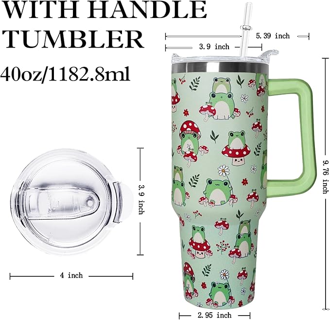 Ceovfoi 40 oz Frog Tumbler With Handle, Lid and Straw - Cute Green Kawaii Mushroom Gifts for Women, Decor, Accessories - Bloomnest