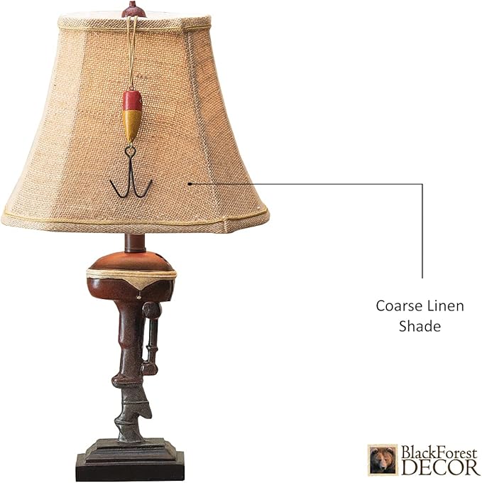 BLACK FOREST DECOR Outboard Accent Table Lamp – Rustic Boat Motor Fishing Lamp with Linen Shade – 11" W x 8.2" D x 20" H - Bloomnest