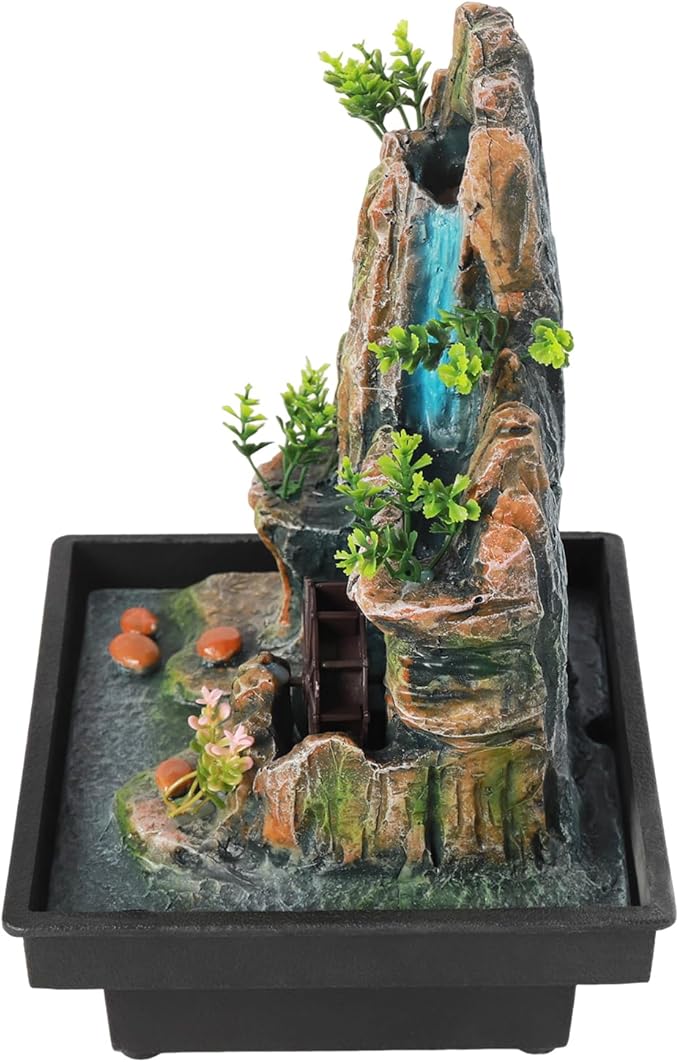 Small Fountain Rockery & Crystal Water Fountain Illuminated Waterfall, Indoor Relaxation Desktop Fountain Waterfall Feature with Automatic Pump for Home Office Bedroom Desk Décoration