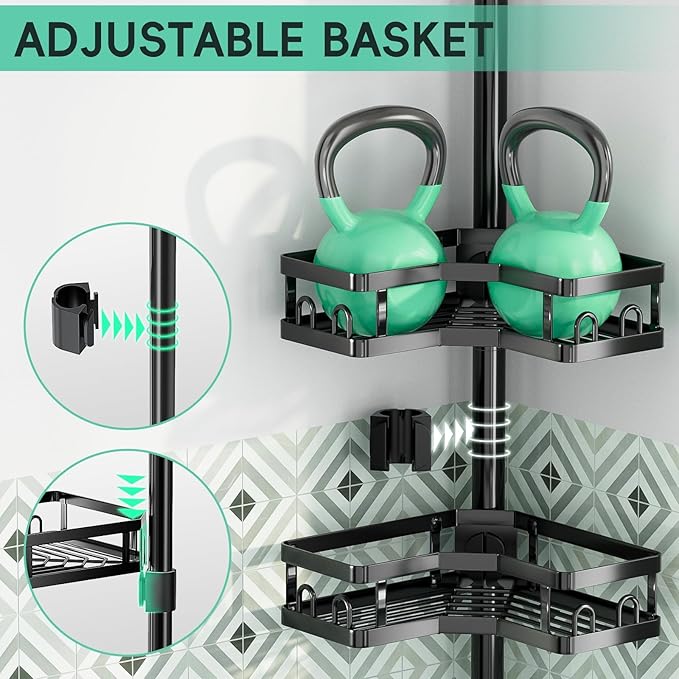 HEVEL Corner Shower Caddy Tension Pole, Adjustable Shower Organizer Corner 62-115 Inch, Rustproof Bathroom Storage Shower Shelves, Black - Bloomnest