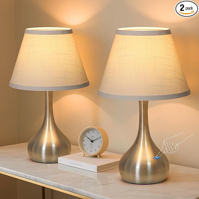 Touch Table Lamp for Bedroom Set of 2, 3-Way Dimmable Bedside Lamp for Nightstand, 17” Modern Metal Desk Lamp with Linen Shade for Living Room, Kids Reading, Dorm, Home Office Decor, Bulb Included - Bloomnest