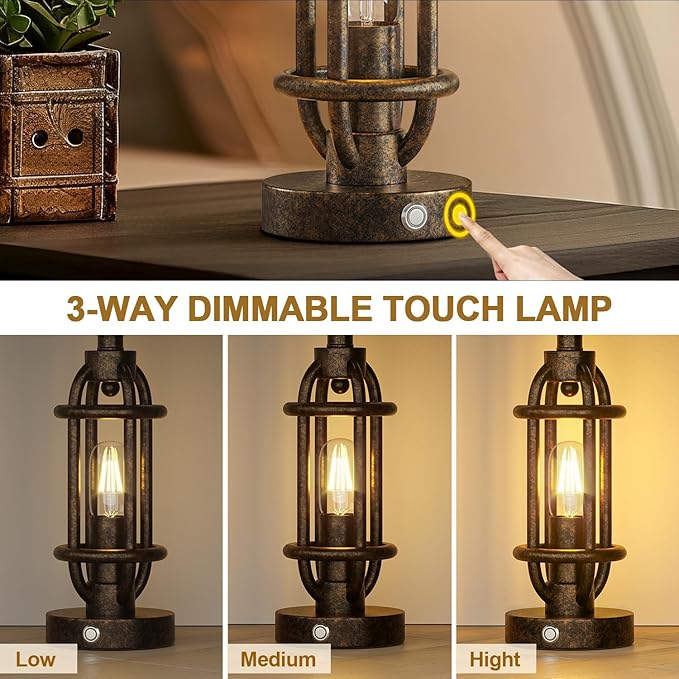 23.75'' Table Lamps Set of 2 for Living Room Bedroom Industrial Farmhouse Metal Touch Lamps with USB A+C Ports, Night Light Vintage Nightstand Bedside Lamp, Bulbs Included, Bronze - Bloomnest