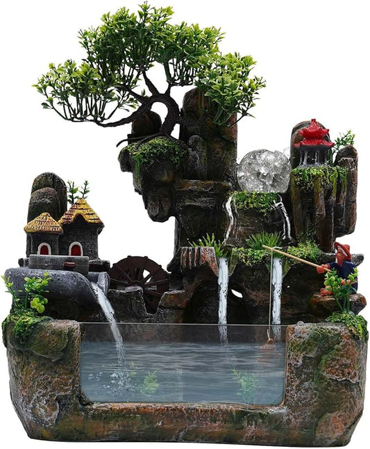 Small Water Fountain, Rockery Stream Tabletop Zen Meditation Indoor Desktop Waterfall with Automatic Pump, LED Lights, Switch, for Home Office Bedroom Desk - Bloomnest