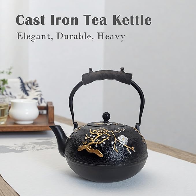 Cast Iron Teapot SECHUDO Teapot for Stovetop Safe Coated with Enameled Interior,Japanese Beautiful Tea Kettle with Stainless Steel Infuser for Loose Tea (60.9oz Plum Blossoms and Bird Pattern) - Bloomnest
