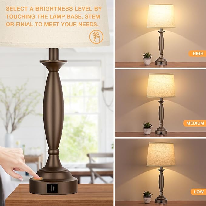 Beige Brown Lamps for Bedrooms Set of 2 - Touch Control Bedside Lamp with USB C+A, 3 Way Dimmable Nightstand Lamps with USB Port, Table Lamp for Living Room(Beige Shade and Brown Base) - Bloomnest