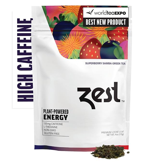 Zest Energy Green Tea - Superberry Samba Loose Leaf - High Caffeine Strawberry & Passion Fruit - Caffeinated Coffee Altnernative with Antioxidants - Natural, Non-GMO & Keto - 50 Servings - 135mg Caf - Bloomnest