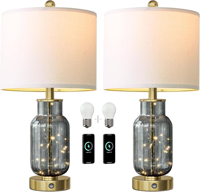 Oneach 22" Glass Table Lamps Set of 2, Gray Modern Bedside Lamp with LED Night Light for Living Room, Nightstand Lamp with USB Ports for Bedrooms, Study Room, End Table(2 Bulbs Included) - Bloomnest