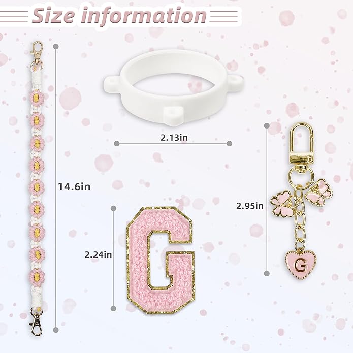 Compatible with Owala Water Bottle Accessories, Cute Letter Charm Set with Boho Handle Strap, Monogram Sticker, Silicone Ring, Keychain Decoration, for FreeSip 24 32 40oz, Owala Kids, Tumbler Gift SITKOL