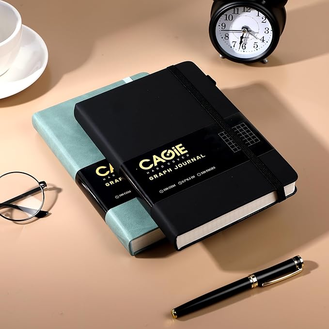 CAGIE Graph Notebook 320 Pages 100 GSM Paper Graphing Grid Journal A5 Hardcover Leather Quad Ruled Notebooks for Engineering, Math, Work, Black - Bloomnest
