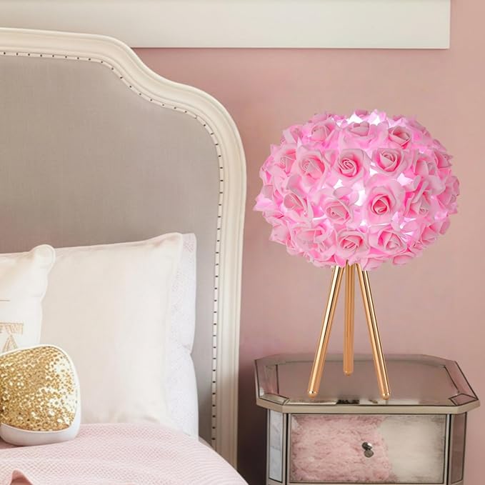 Pink Rose Flower Lamp Cute Table Lamp Flower Desk Lamp Floral Bedside Nighstand Light Atmosphere Girls Princess Lamp with Gold Tripod for Bedroom Wedding Christmas Gift Hotel Living Room - Bloomnest