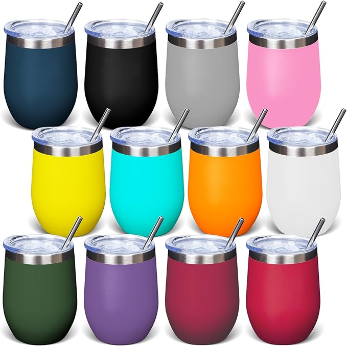 12oz Stainless Steel Wine Tumbler with Lid & Straw, Double Wall Vacuum Coffee Mug Insulated Tumbler Cup for Champaign, Cocktail, Beer, Coffee - 12 Pack - Bloomnest