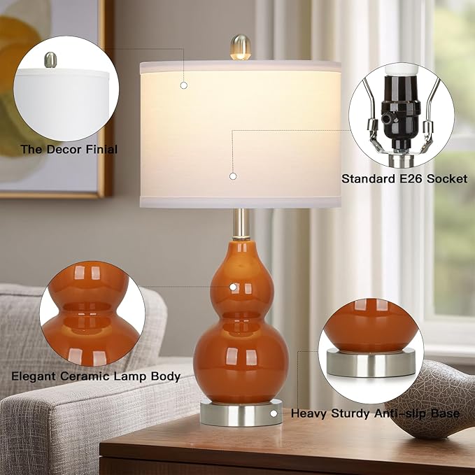 22" Modern Double Gourd Ceramic Table Lamps Set of 2, Red Bedside Lamps for Living Room, Contemporary Nightstand Desk Lamps for Bedroom End Table Home Office Decor(2 LED Bulbs Included) - Bloomnest