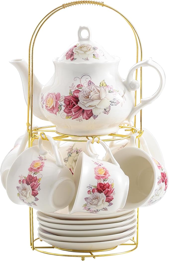 20-Pieces Porcelain Bone china Tea Sets,Gold Rim Coffee Set with Golden Metal Rack,Tea Gift Sets for Home&Party(003) - Bloomnest