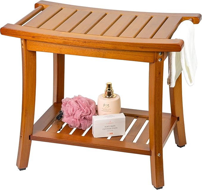 Utoplike Bamboo Shower Bench with Storage, Wood Shower Stool with Handles, Bathroom Seat for Towels, Spa, Inside Shower, Brown Finish - Bloomnest