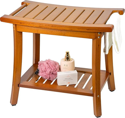 Utoplike Bamboo Shower Bench with Storage, Wood Shower Stool with Handles, Bathroom Seat for Towels, Spa, Inside Shower, Brown Finish - Bloomnest