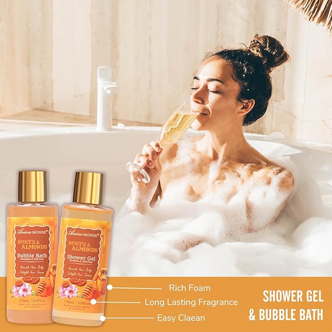 Gift Baskets for Women, Bath and Body Gift Set for her with 13pcs Honey Almond Scented Spa Gifts for Women, Bath Sets Includes Scented Candle, Shower Steamer, Bubble Bath, Bath Salt. Mothers Day Gifts - Bloomnest