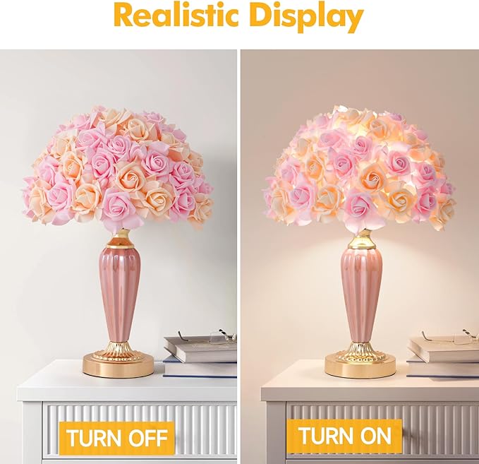 Pink Flowers Lamp Beautiful Yellow Flower Bedside Lamp Romantic Rose Bouquet Table Lamp for Wedding Girl Bedroom Valentines Dating Living Room Hotel Office Endtable - Bloomnest
