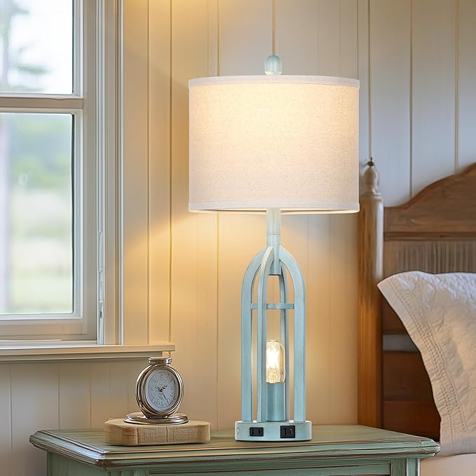 27" Farmhouse Table Lamps for Living Room,Blue Vintage Lamps Set of 2 with USB A+C Charging Ports & AC Outlet, Retro Nightstand Lamp with Fabric Shade for Bedroom, Entryway(4 Bulbs Included) - Bloomnest