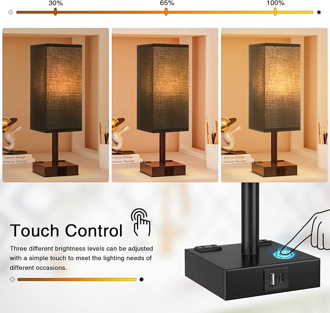 Touch Bedside Table Lamp for Nightstand - 3-Way Dimmable Night Lamp with USB A + Type C Charging Ports and Two AC Outlets, Small Desk Light with E26 LED Bulb for Bedroom Living Room Dorm Office,Black - Bloomnest