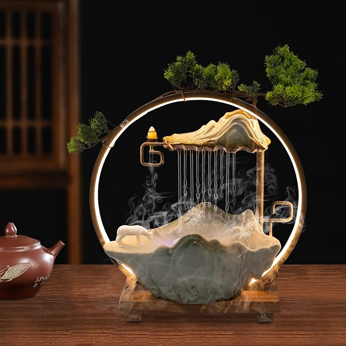Tabletop Water Fountain, Indoor Waterfall with Round LED Light & Mist Maker and Incense Holder for Home Office Decor for Good Luck Wealth - Bloomnest